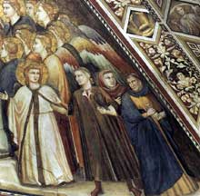 Giotto : Les vertus franciscaines : allégorie de la pauvreté, détail : les riches. 1330. Fresque. Assise, église inférieure Saint François